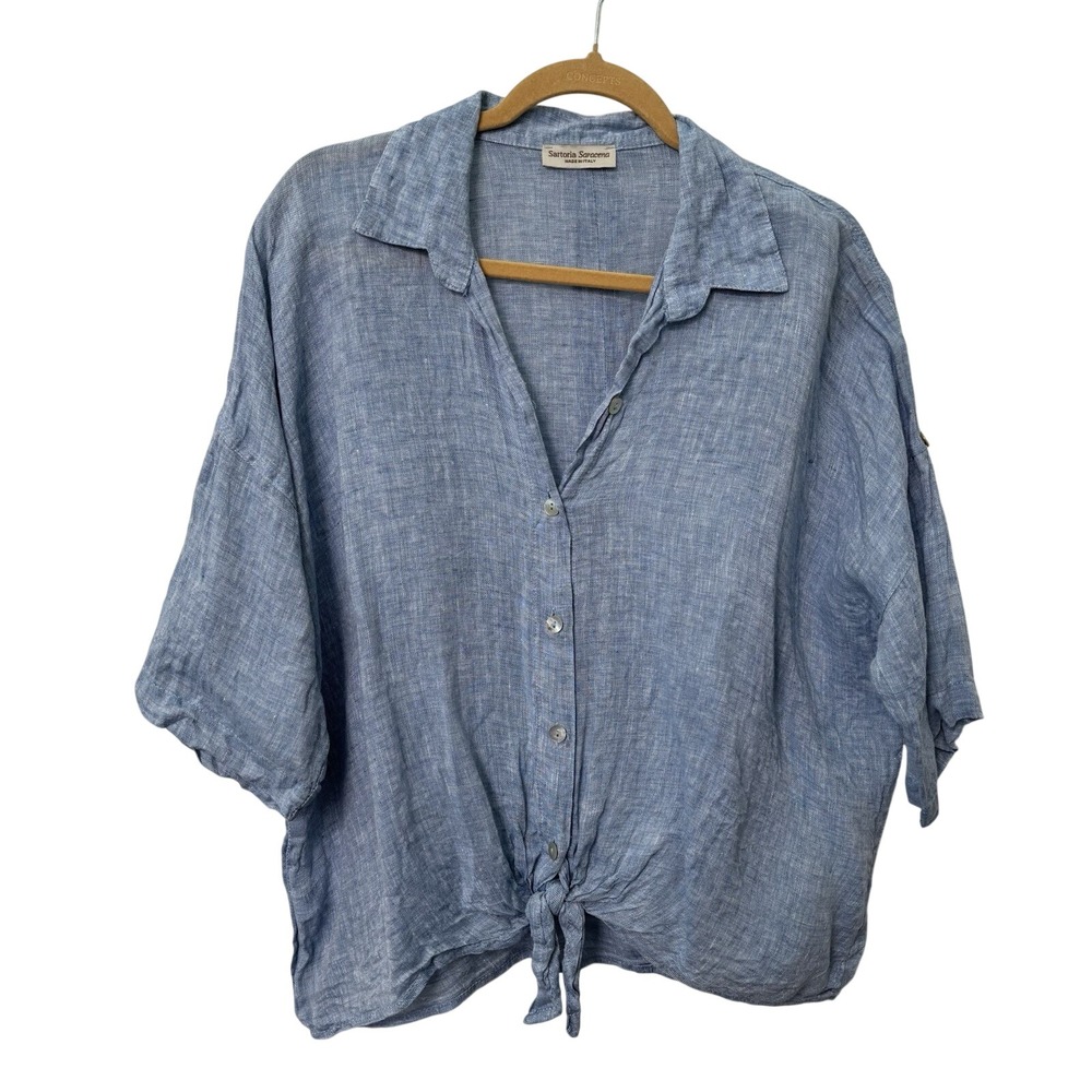 Sartoria Saracena Linen Button Up Shirt Womens Blue Roll Tag Tie Front Italy